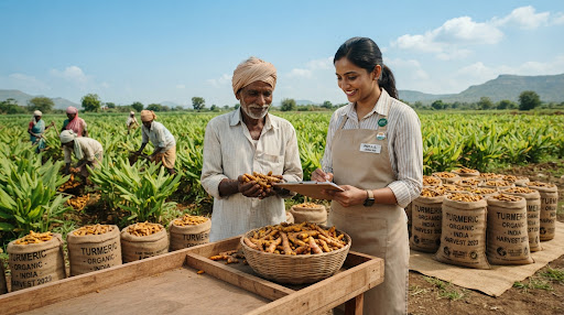Agricultural agronomist inspecting golden turmeric harvest with Indian farm cooperative