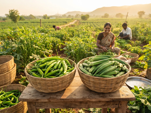 Fresh Indian farm harvest with green chillies and tender okra in woven bamboo baskets