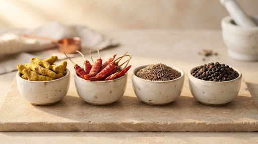 Indian Whole Spices Turmeric Chilli Cumin Black Pepper